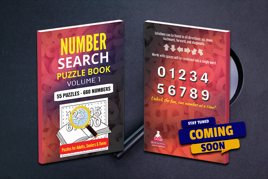 Number search puzzle book designed for adults, seniors, and teens.