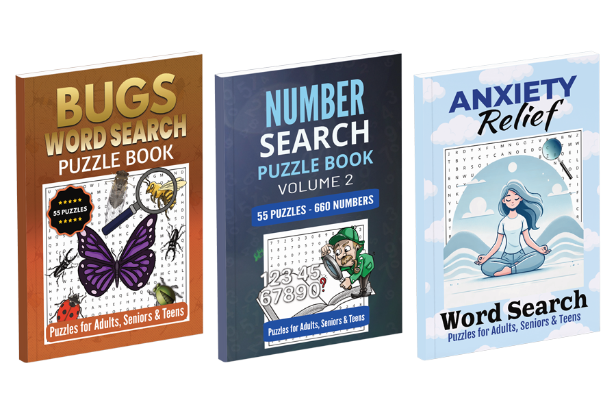 Word and Number Search Puzzle Books for Adults, Seniors, and Teens.