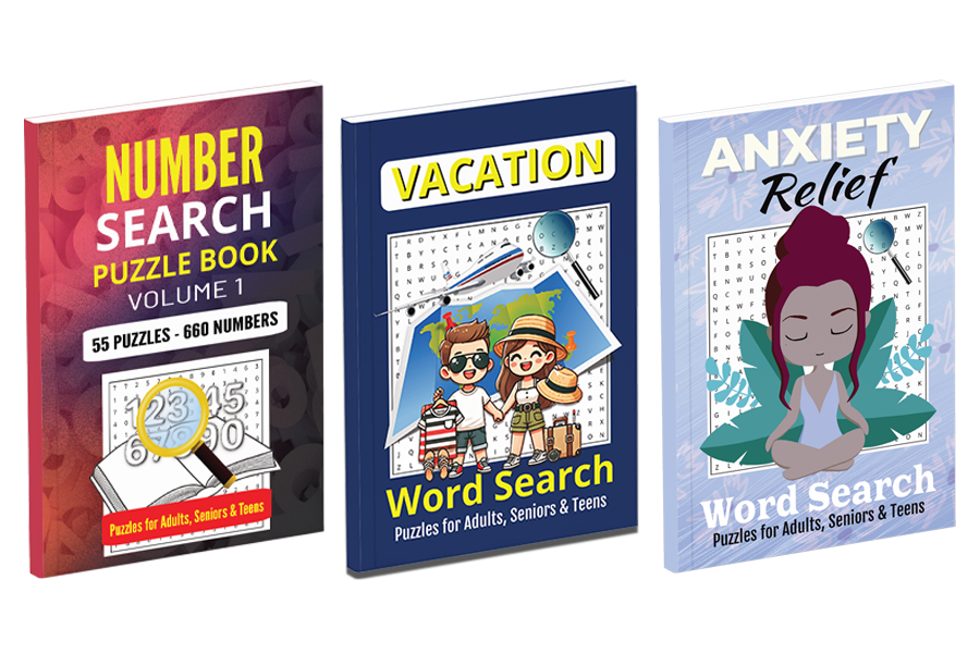 Word and Number Search Puzzle Books for Adults, Seniors, and Teens.