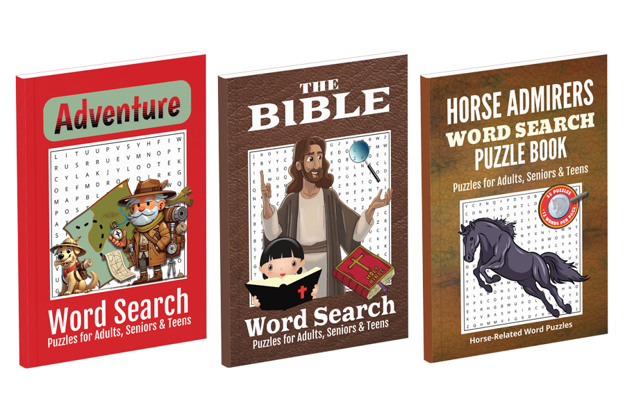 Word and Number Search Puzzle Books for Adults, Seniors, and Teens.